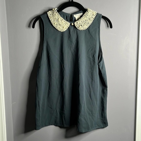 𝅺DIZZY Lizzy Gray Sleeveless Sheer Blouse Pearl Embellished Collar Size Medium - Picture 2 of 9